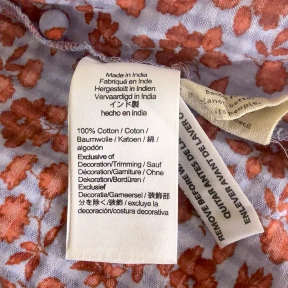 Madewell Floral Puff Sleeve Smocked Back Top Blue Red Size 0
